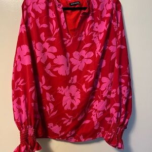 Pink and Red Floral V-Neck Blouse